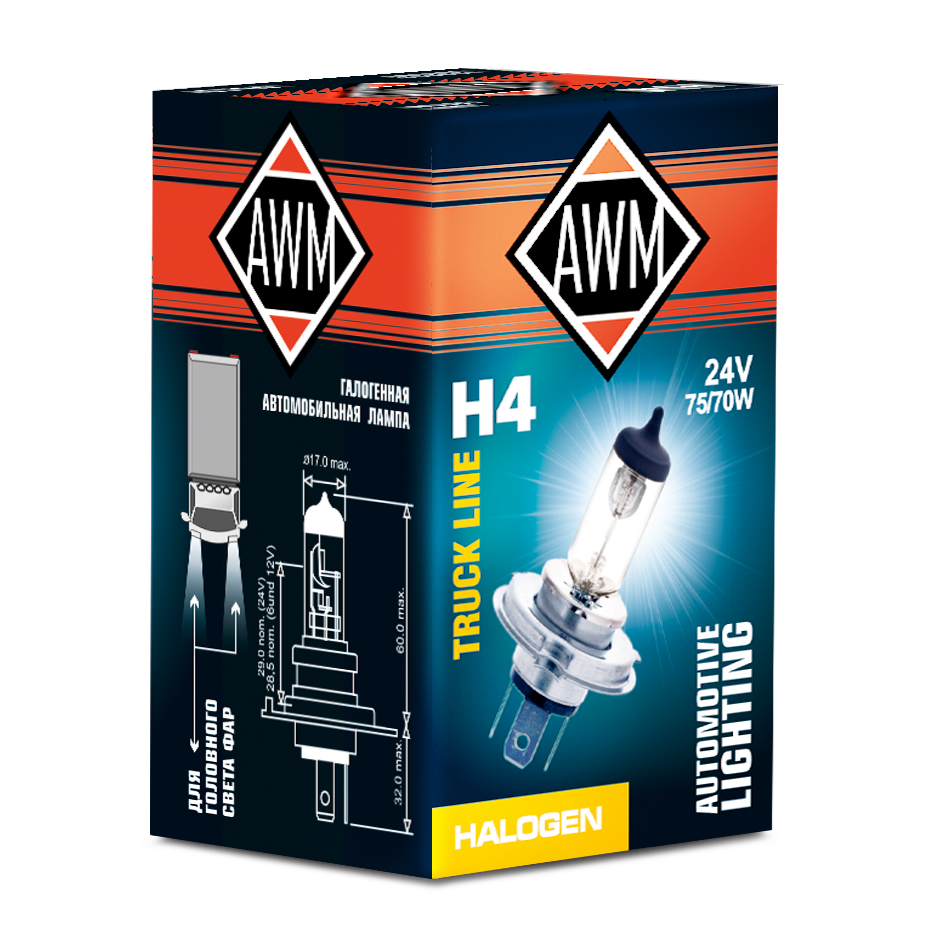 Лампа галогенная AWM H4 24V 75/70 W (P43T)(уп.10)