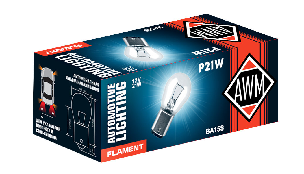 Лампа накаливания AWM P21W 12V 21W (BA15S) White(уп.100)