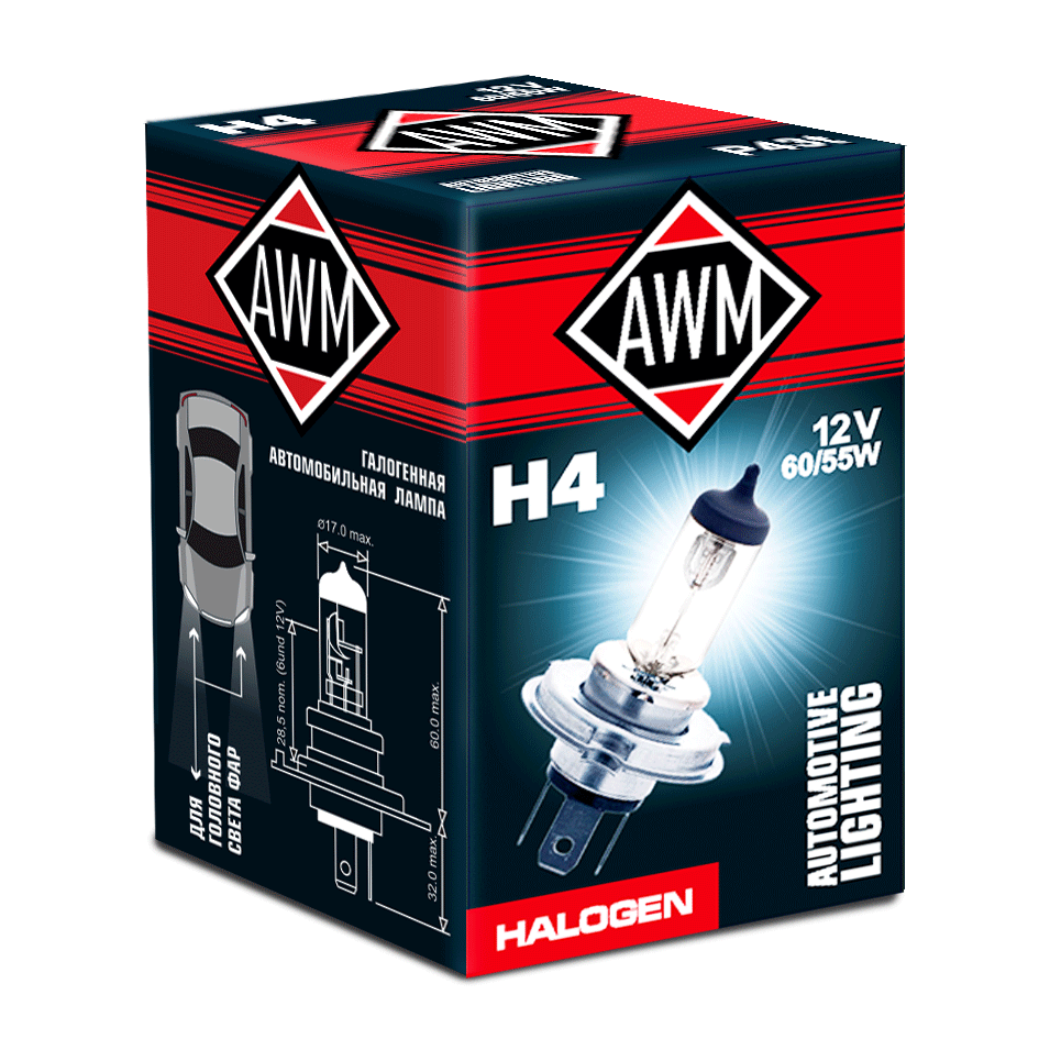 Лампа галогенная AWM H4 12V 60/55 W (P43T)(уп.10)