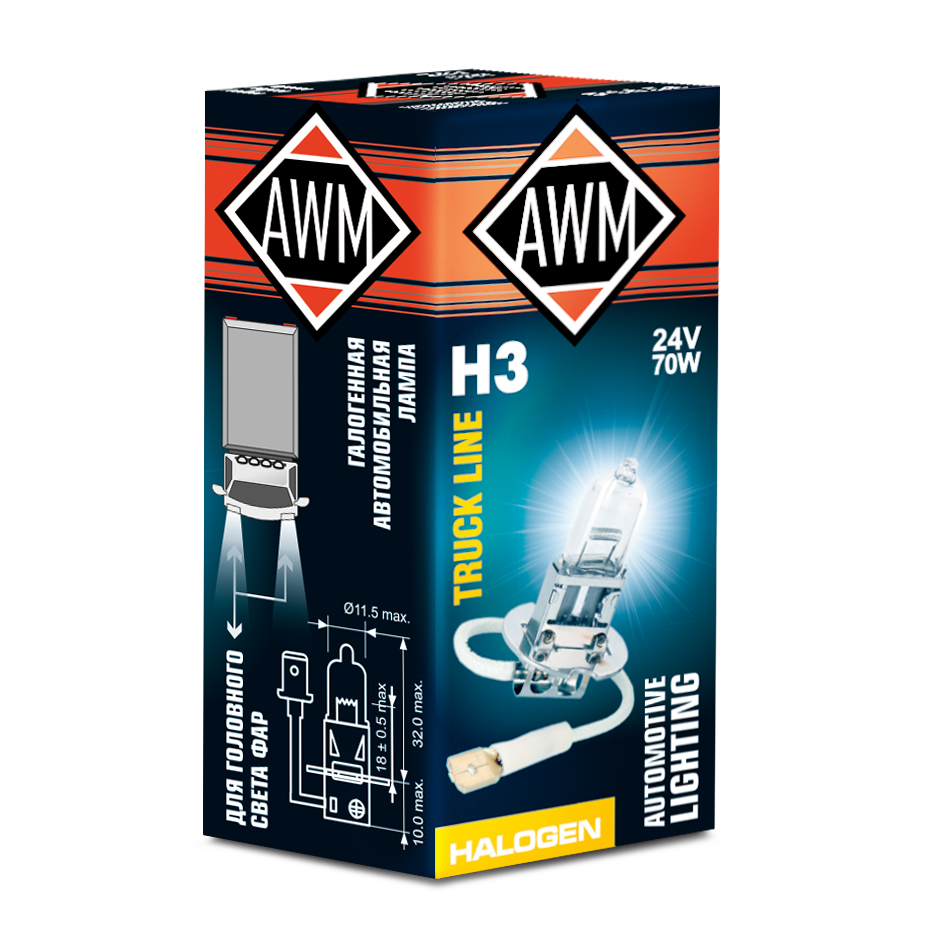 Лампа галогенная AWM H3 24V 70 W (PK22S)(уп.10)