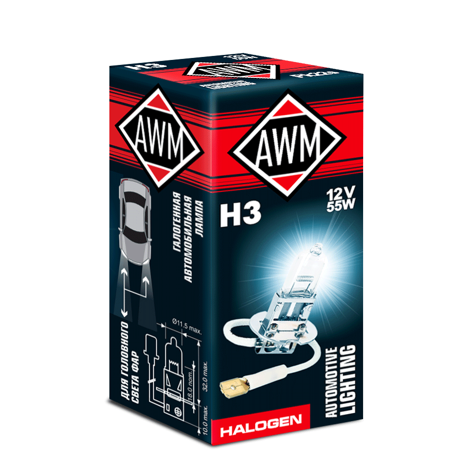 Лампа галогенная AWM H3 12V 55 W (PK22S)(уп.70)